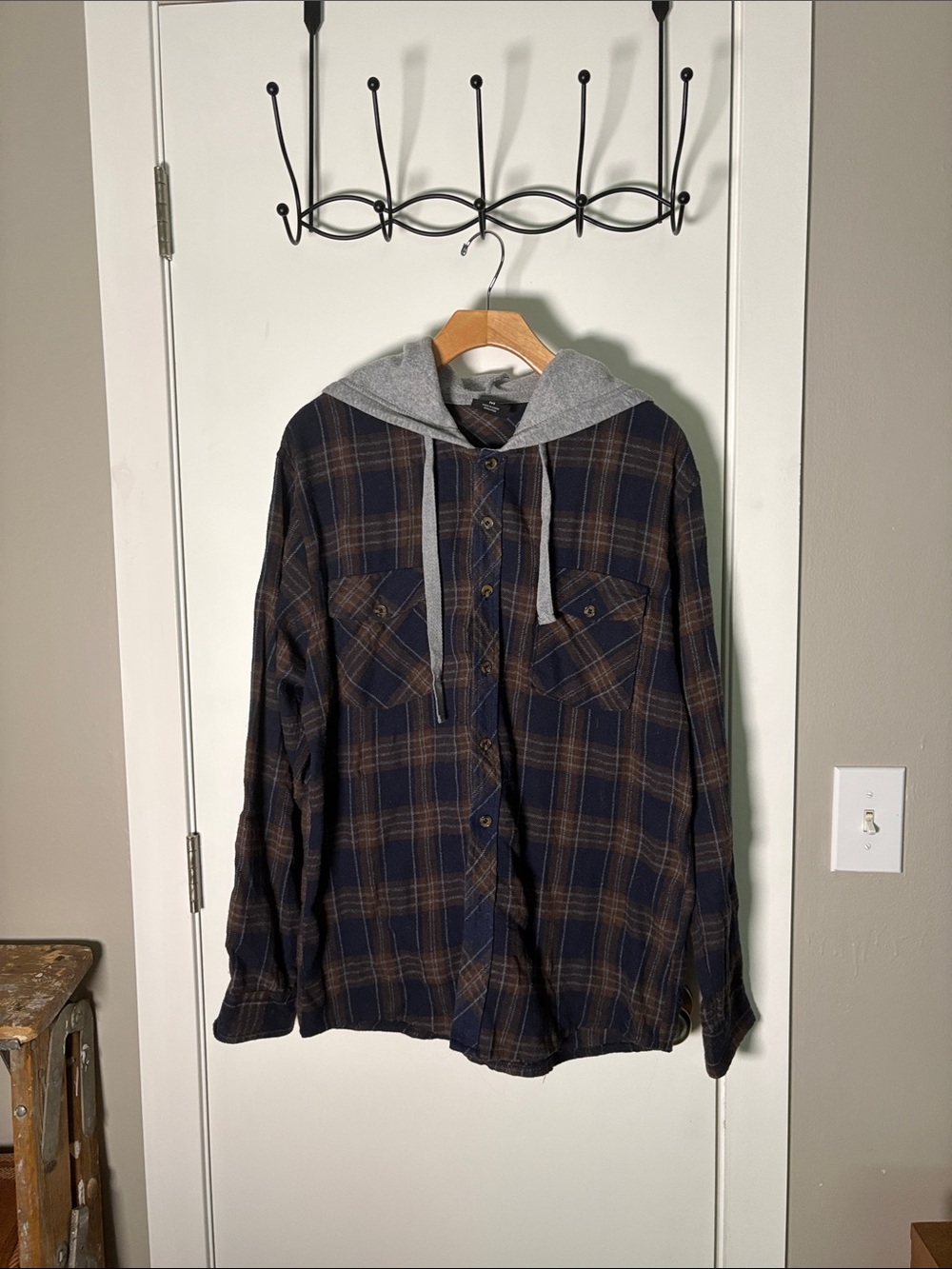 Men's Navy and Brown Plaid Hooded Flannel